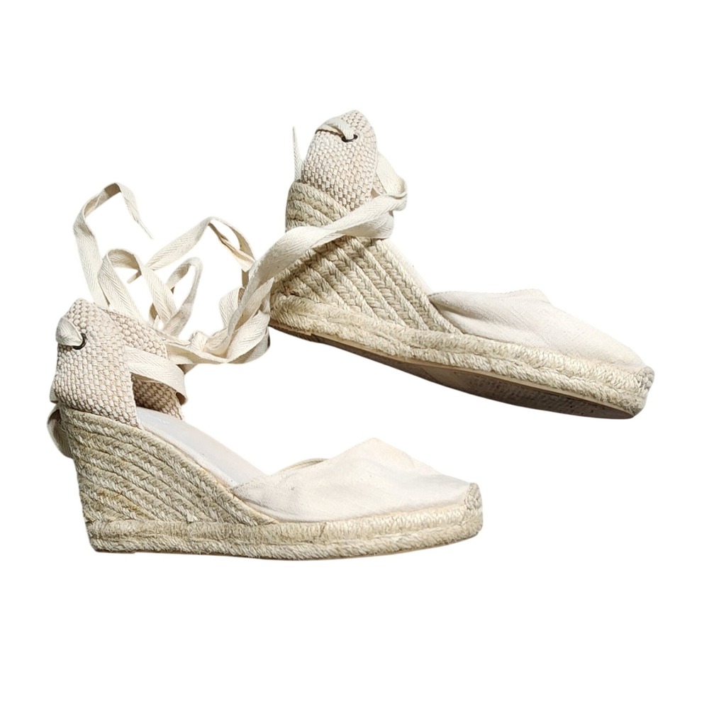 Soludos Marseilles Cream Espadrille Jute Linen Wedge Sandals Sz 7.5 Lace Up